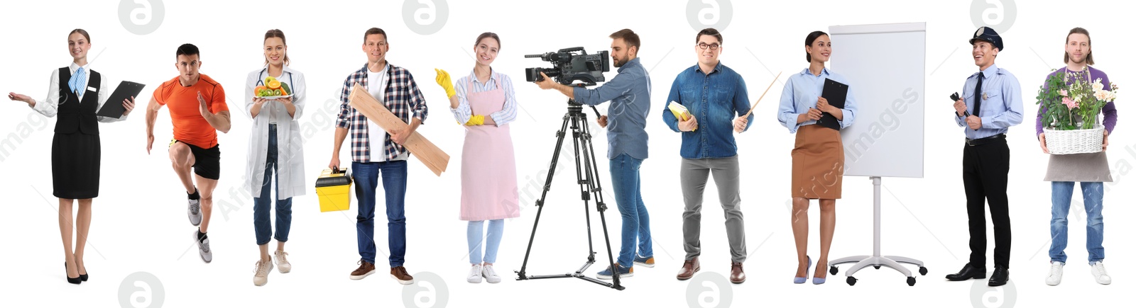 Image of Choosing profession. People of different occupations on white background, collage of portraits