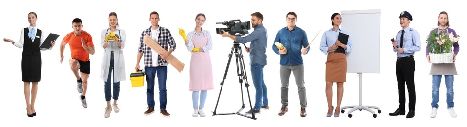 Image of Choosing profession. People of different occupations on white background, collage of portraits