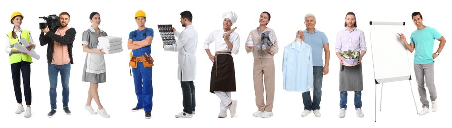 Image of Choosing profession. People of different occupations on white background, collage of portraits