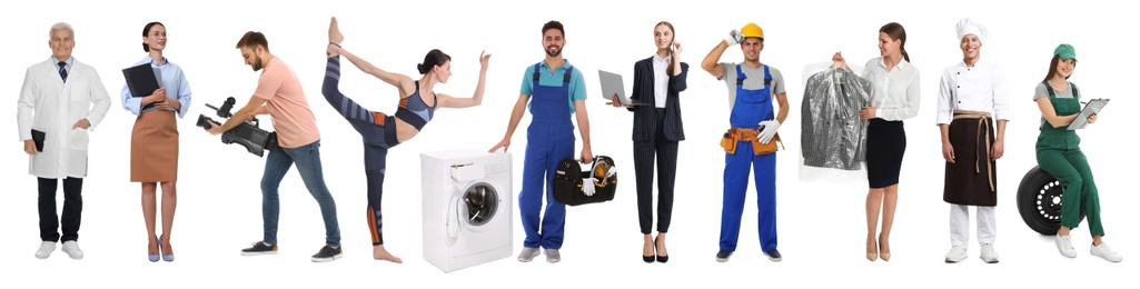Image of Choosing profession. People of different occupations on white background, collage of portraits