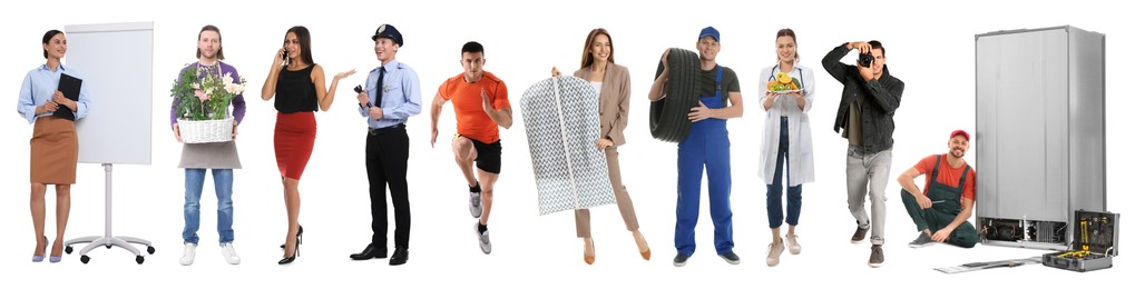 Image of Choosing profession. People of different occupations on white background, collage of portraits