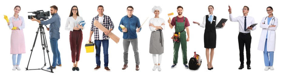 Image of Choosing profession. People of different occupations on white background, collage of portraits
