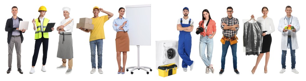 Image of Choosing profession. People of different occupations on white background, collage of portraits