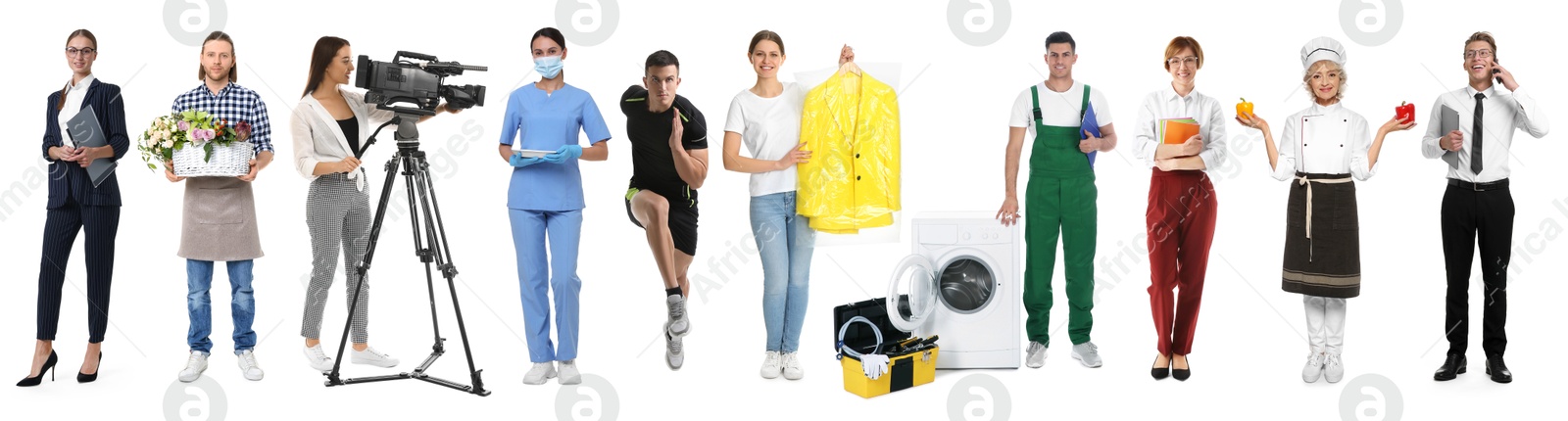 Image of Choosing profession. People of different occupations on white background, collage of portraits