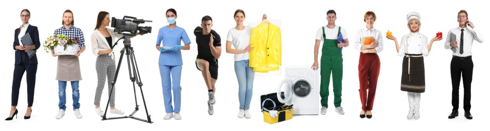 Image of Choosing profession. People of different occupations on white background, collage of portraits