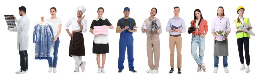 Image of Choosing profession. People of different occupations on white background, collage of portraits