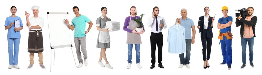 Image of Choosing profession. People of different occupations on white background, collage of portraits