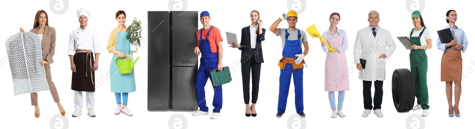 Image of Choosing profession. People of different occupations on white background, collage of portraits