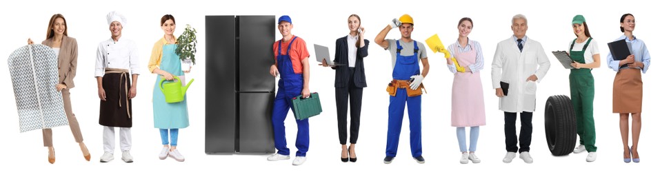 Image of Choosing profession. People of different occupations on white background, collage of portraits