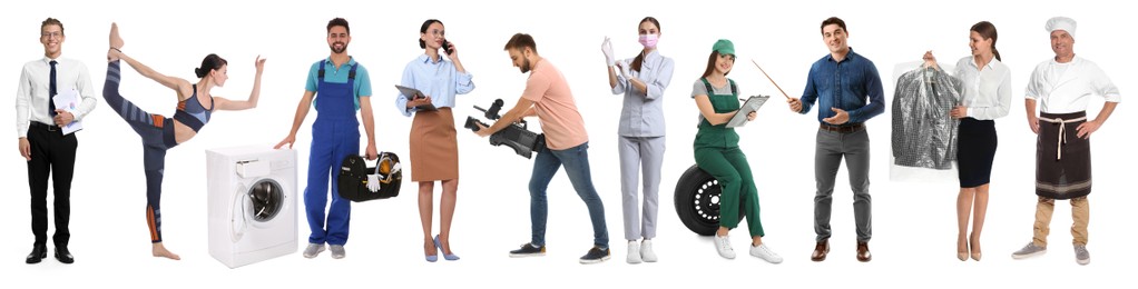 Image of Choosing profession. People of different occupations on white background, collage of portraits