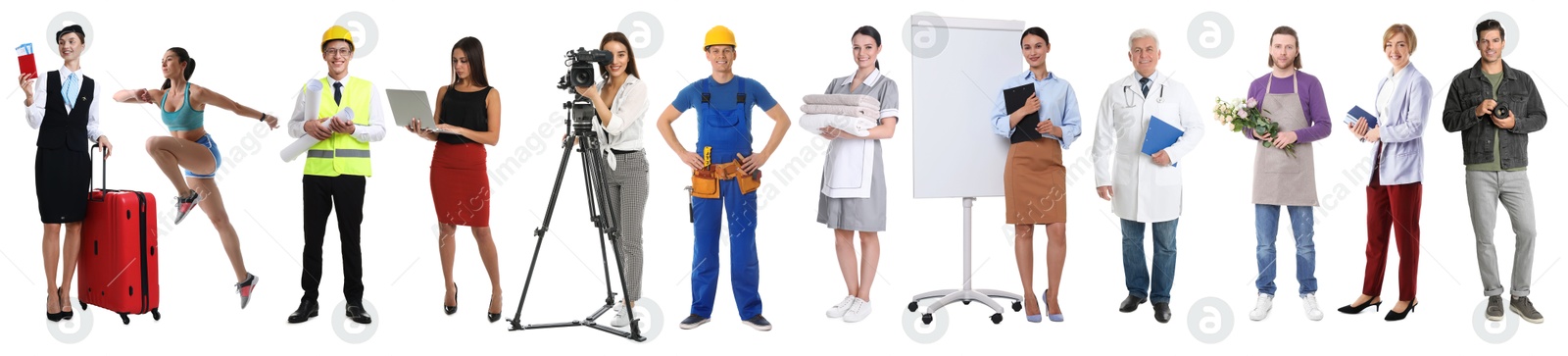 Image of Choosing profession. People of different occupations on white background, collage of portraits