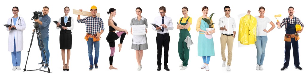 Image of Choosing profession. People of different occupations on white background, collage of portraits