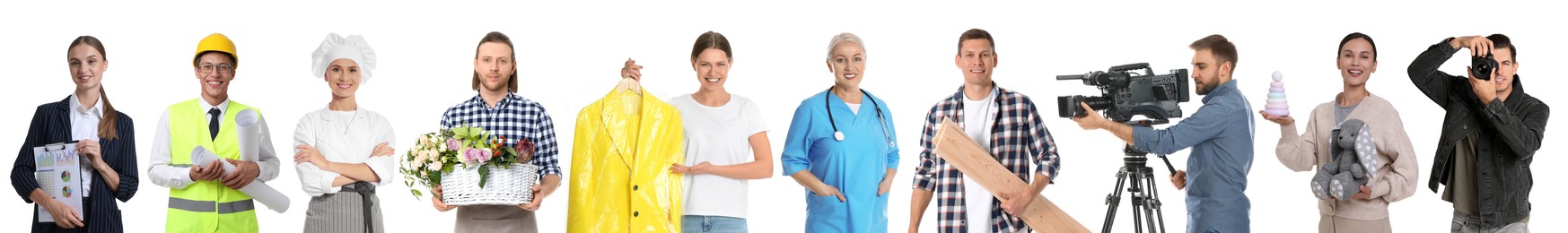 Image of Choosing profession. People of different occupations on white background, collage of portraits
