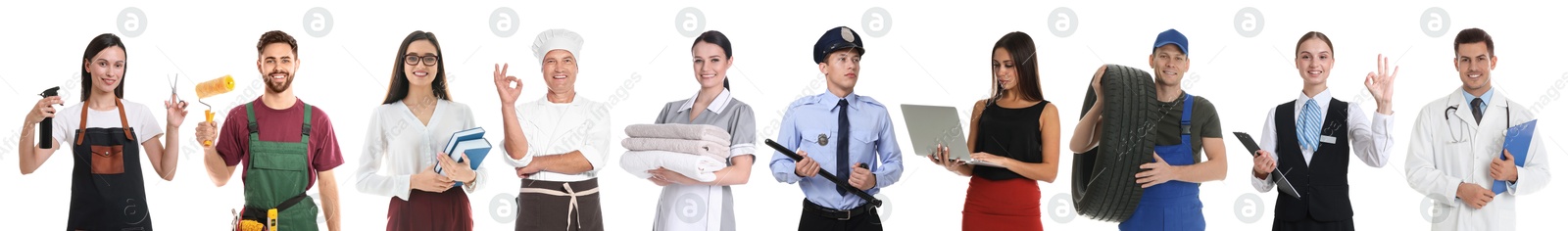Image of Choosing profession. People of different occupations on white background, collage of portraits