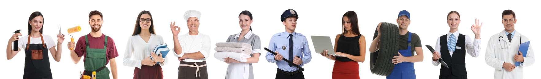 Image of Choosing profession. People of different occupations on white background, collage of portraits