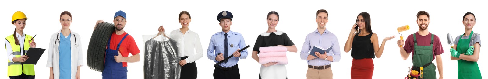Image of Choosing profession. People of different occupations on white background, collage of portraits