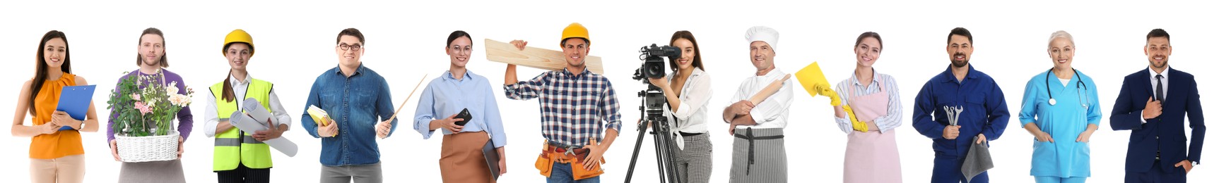 Image of Choosing profession. People of different occupations on white background, collage of portraits