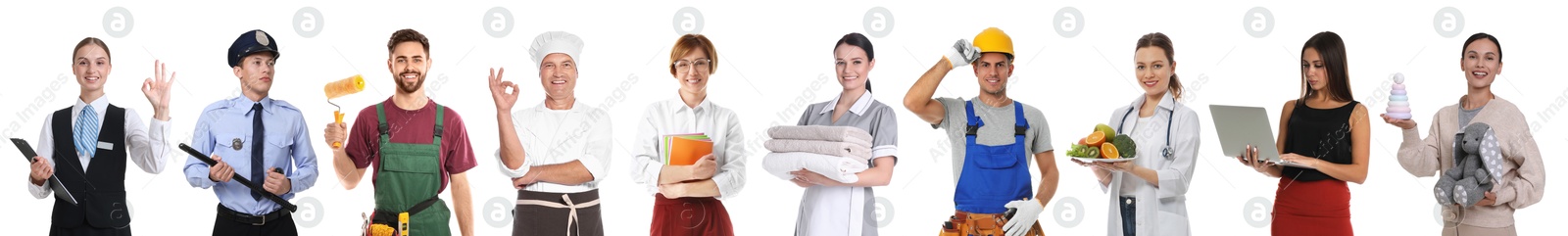Image of Choosing profession. People of different occupations on white background, collage of portraits