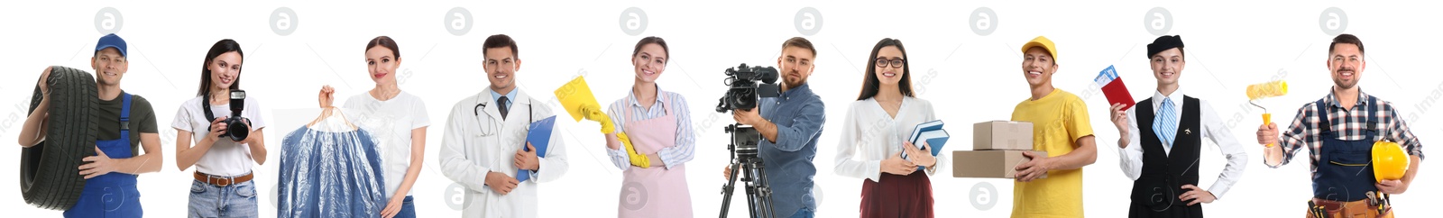 Image of Choosing profession. People of different occupations on white background, collage of portraits