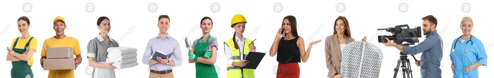 Image of Choosing profession. People of different occupations on white background, collage of portraits