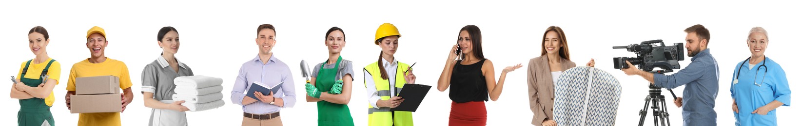 Image of Choosing profession. People of different occupations on white background, collage of portraits