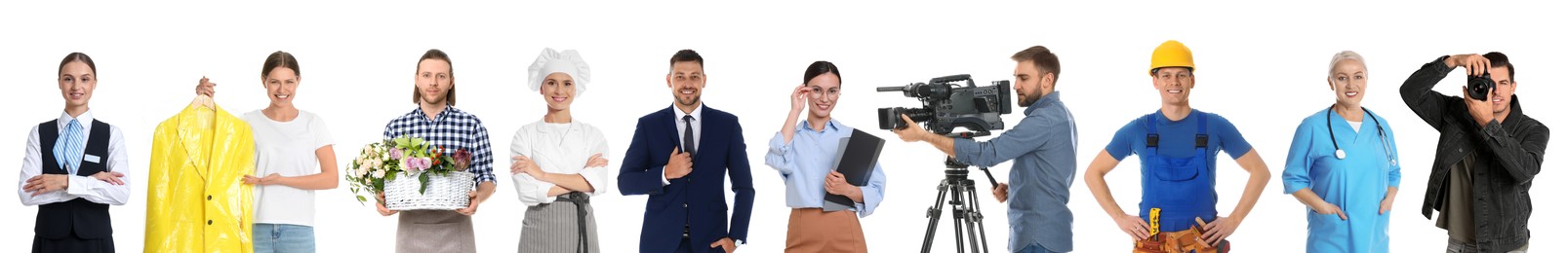 Image of Choosing profession. People of different occupations on white background, collage of portraits