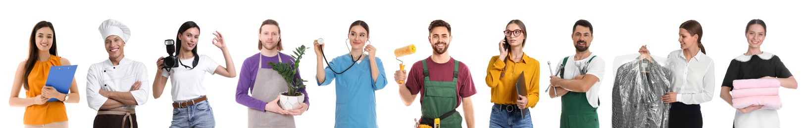 Image of Choosing profession. People of different occupations on white background, collage of portraits