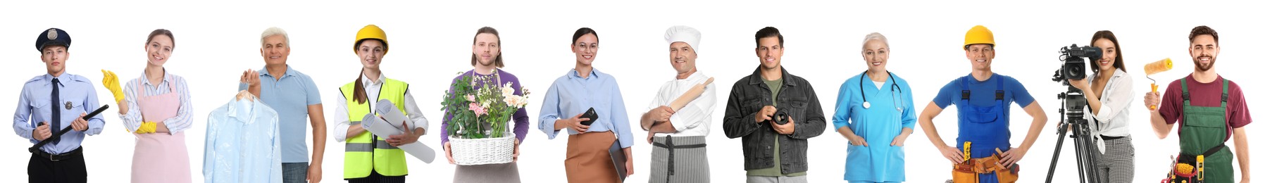 Image of Choosing profession. People of different occupations on white background, collage of portraits