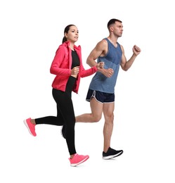 Image of Sporty man and woman running on white background