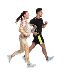 Image of Sporty man and woman running on white background