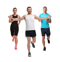 Image of Sporty men and woman running on white background