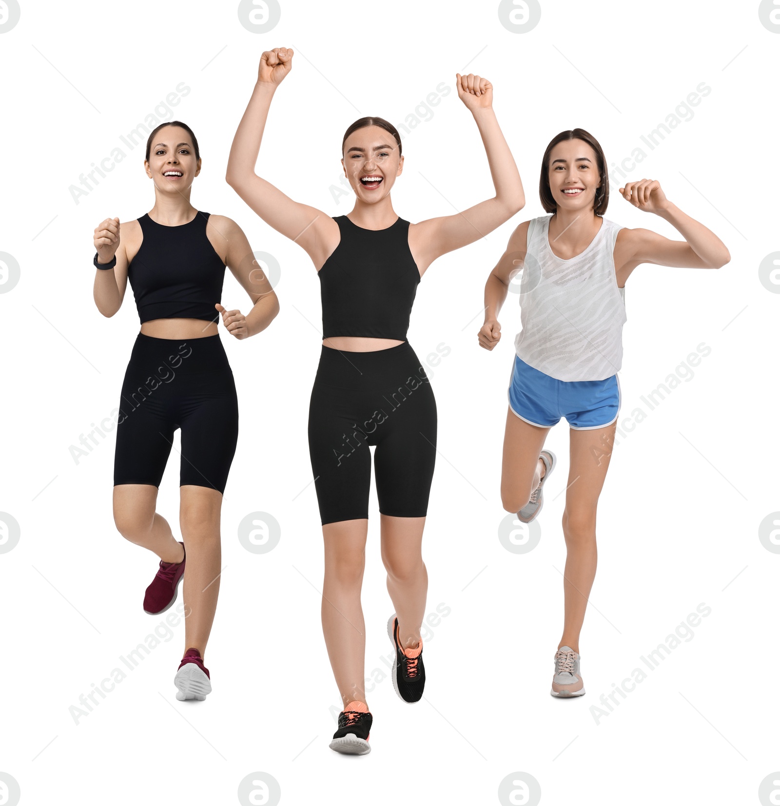 Image of Women in sportswear running on white background
