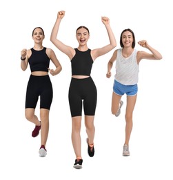 Image of Women in sportswear running on white background