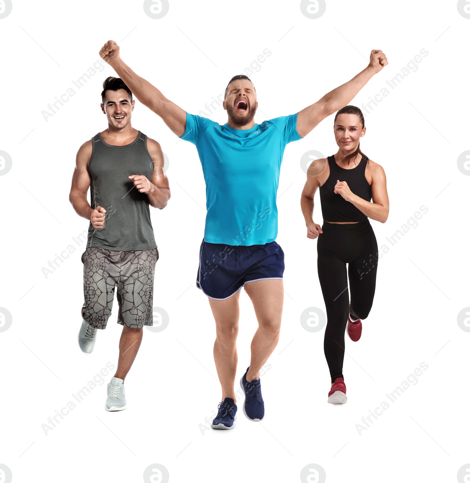 Image of Sporty men and woman running on white background