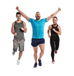 Image of Sporty men and woman running on white background