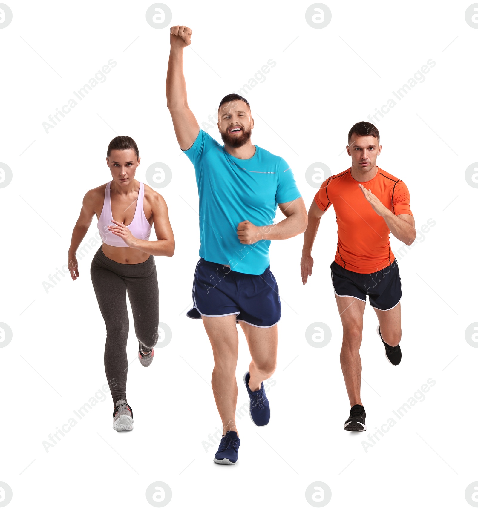 Image of Sporty men and woman running on white background