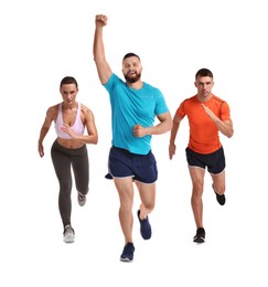Image of Sporty men and woman running on white background