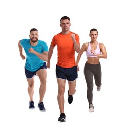 Image of Sporty men and woman running on white background