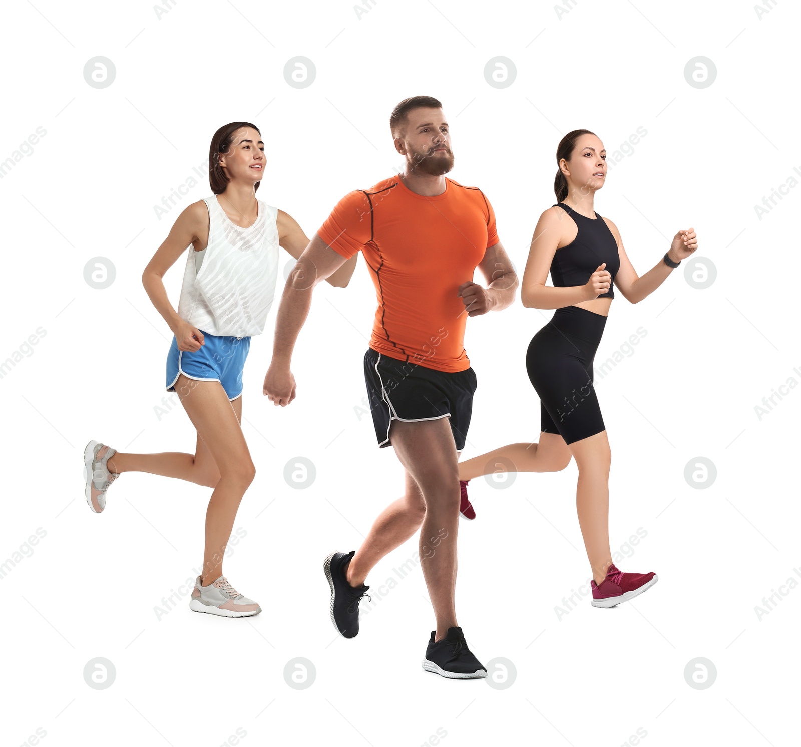 Sporty man and women running on white background Image of Sporty man and women running on white background