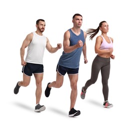 Image of Sporty men and woman running on white background