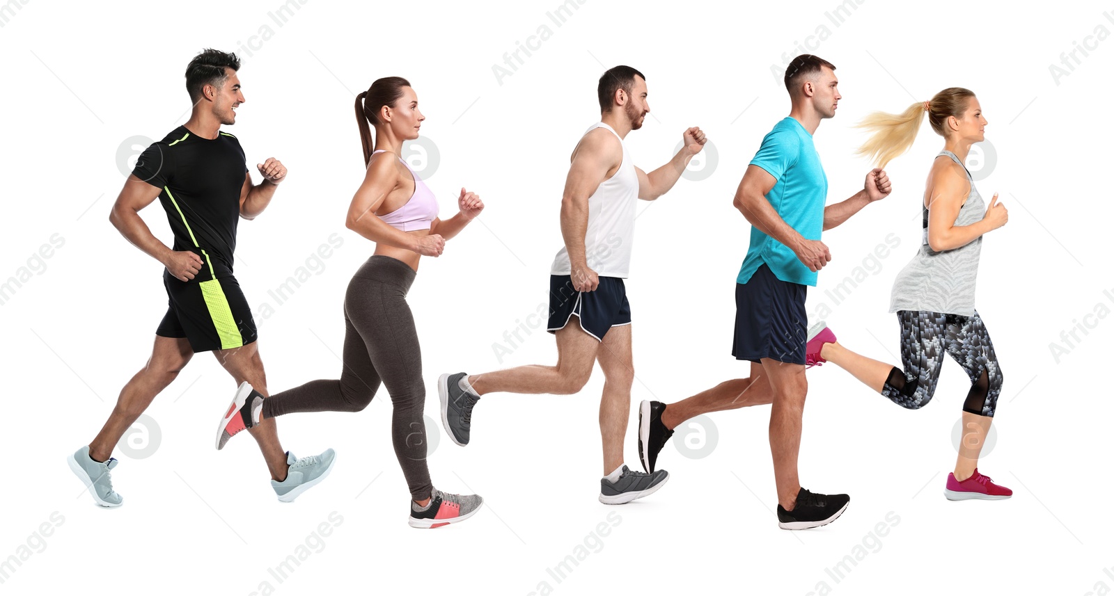 Image of Sporty men and women running on white background