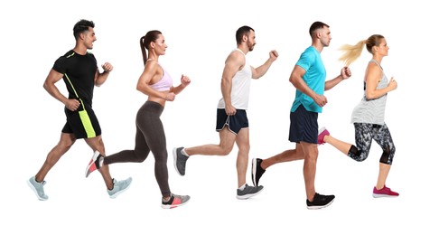 Image of Sporty men and women running on white background