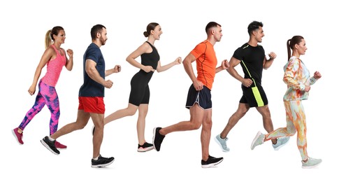 Image of Sporty men and women running on white background
