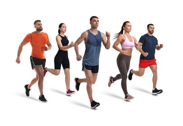 Image of Sporty men and women running on white background