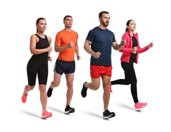 Image of Sporty men and women running on white background
