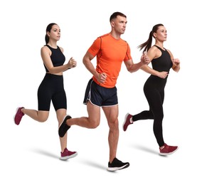 Image of Sporty man and women running on white background