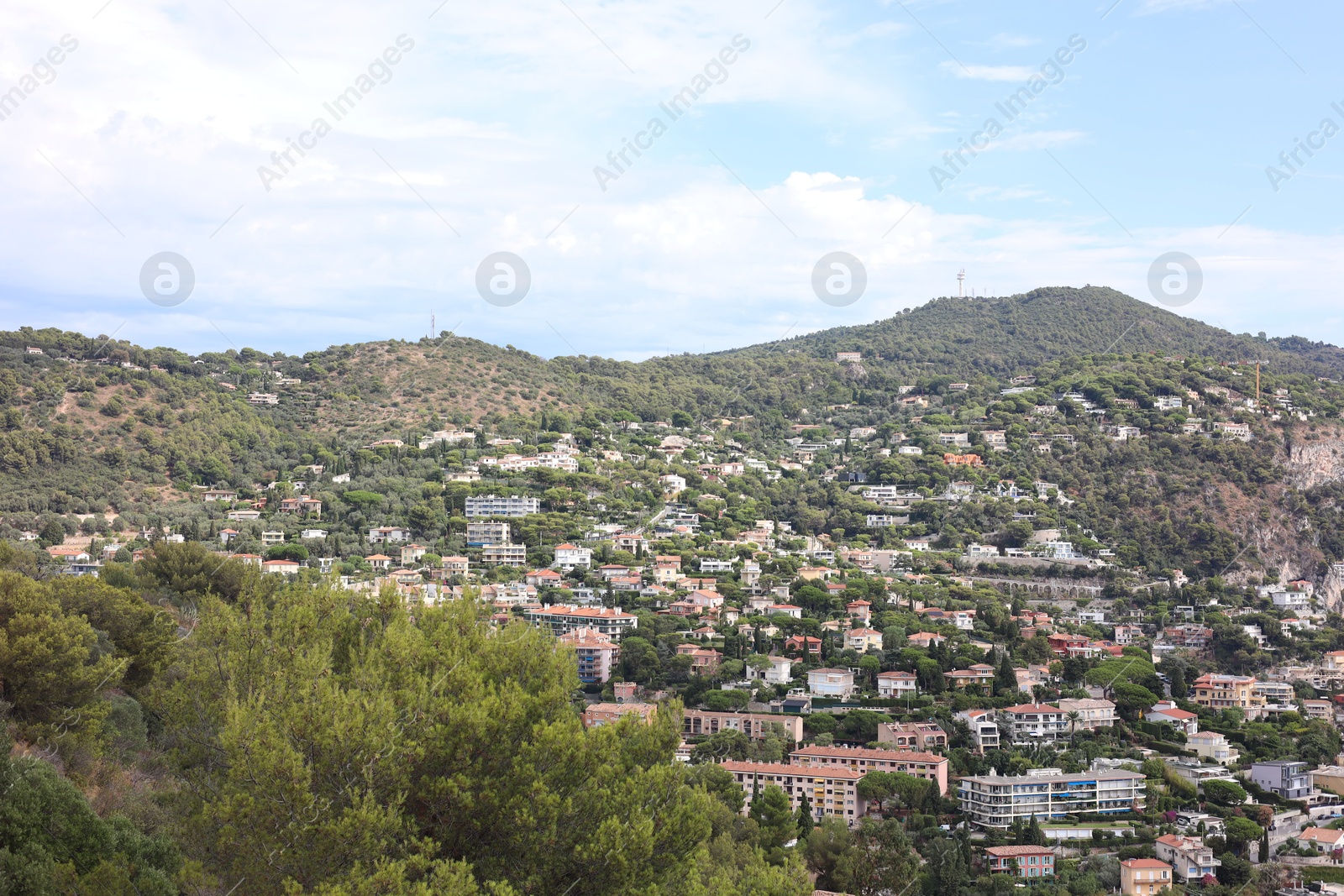 Photo of Picturesque view of city with buildings and trees in mountains