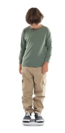 Photo of Little boy standing on scales against white background