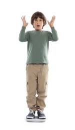 Photo of Emotional boy standing on scales at home