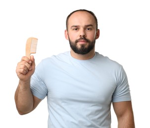 Photo of Baldness problem. Man with comb on white background
